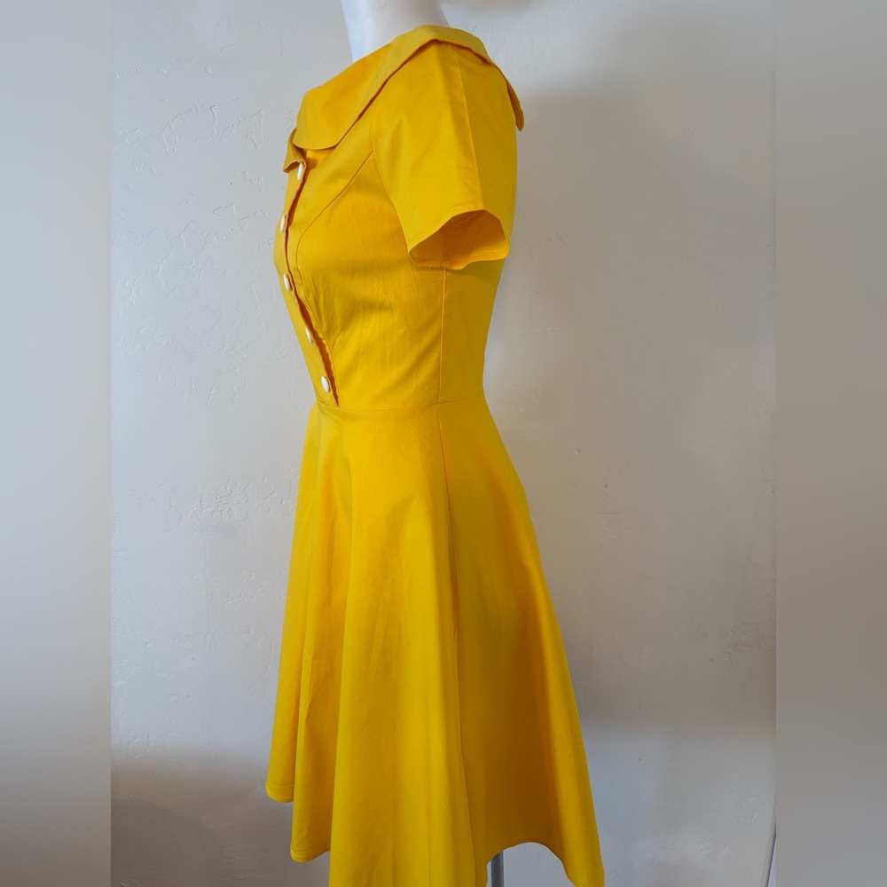 FINAL! BEAUTIFUL! RICH LEMON YELLOW BOAT NECK MID LENGTH DRESS ROCKABILLY TRAD - Picture 3 of 9